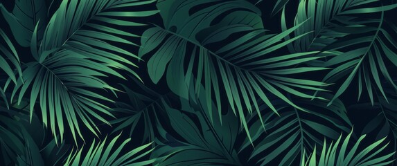 A seamless pattern of an elegant dark green palm leaf design, with symmetrical lines and soft curves