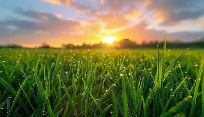 Fototapeta premium A detailed closeup of fresh green grass with morning dew, positioned in the lowerright third, with a sunrise in the background
