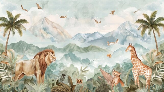 Safari Wildlife Wallpaper Mural featuring tropical animals such as Giraffe, Lion, and Elephant, depicted in a watercolor illustration against a backdrop of mountains 