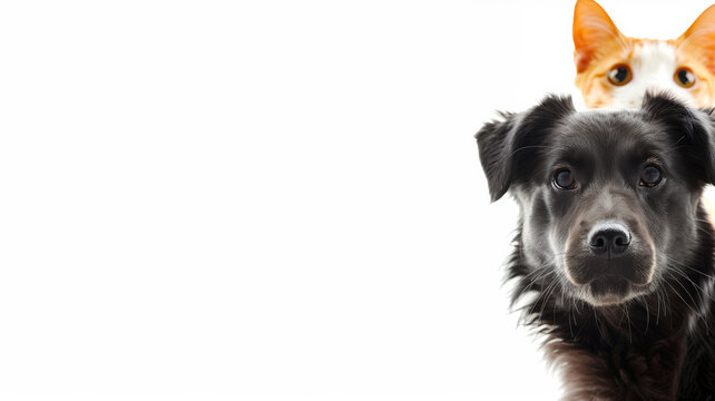 A dog and a cat peek out from the side of the screen on a white background. Free space for product placement or advertising text.