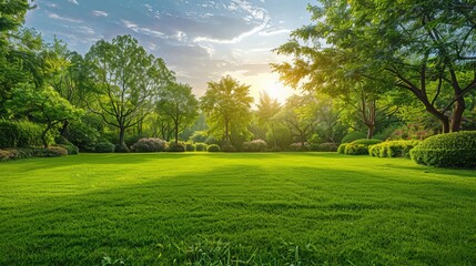 Obraz premium A stunning wide-format image capturing a manicured country lawn bordered by trees and shrubs, set against a bright summer day backdrop. Embracing the essence of spring and summer nature.