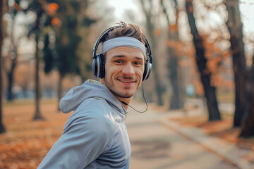A man with headphones wearing hoodie is jogging in the park and turns back to invite you to join him for jogging session