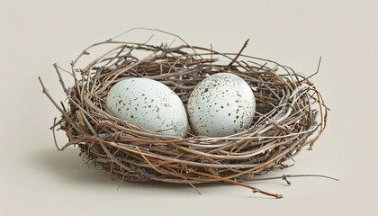 A flat nest with two eggs in the lowerleft third, set against a solid light gray background