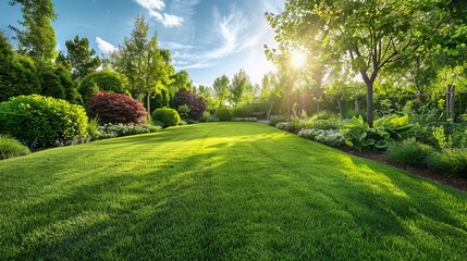 Obraz premium A stunning wide-format image capturing a manicured country lawn bordered by trees and shrubs, set against a bright summer day backdrop. Embracing the essence of spring and summer nature.