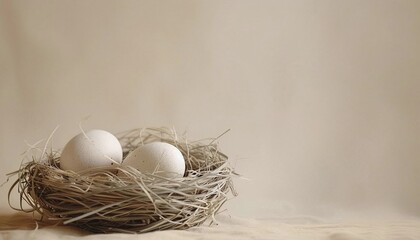 A minimalist nest with two eggs in the lowerleft third, against a simple beige background