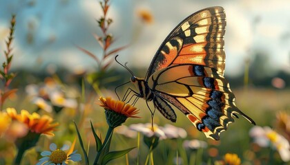 Obraz premium A realistic butterfly with colorful wings, perched on a flower in the lowerright third, with a meadow full of wildflowers in the background