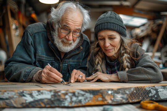 Happy Crafty Couple Measuring Wood for DIY Cupboard Project Together in Workshop - Powered by Adobe
