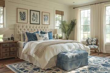 Family bonding and decorating: Parents and kids arranging stylish furniture in cozy guest room