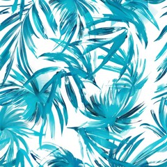 A seamless pattern of aqua and teal brushstrokes depicting tropical palm leaves