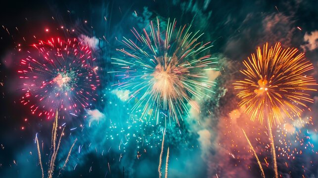 A spectacular showcase of fireworks lighting up the night sky, featuring multicolored bursts of red, green, blue, yellow, and orange. Smoke trails gracefully linger in the air