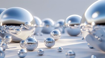 A white background with silver spheres floating in the center, creating an abstract and...