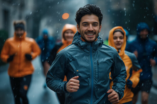 Jogging group in winter attire. Outdoor fitness enthusiasts running on a snowy street. Ideal for promoting healthy winter activities, group exercises, and sports apparel marketing.