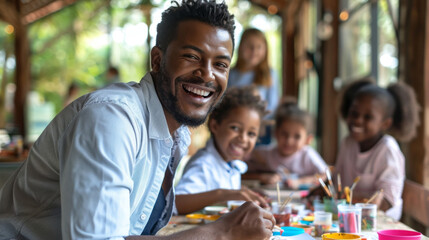 summer camp art class, an african american art teacher joyfully guiding a diverse group of students in crafting at summer camp, surrounded by art supplies and a view of nature through windows