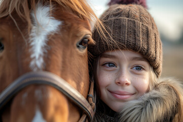 Fototapeta premium An emotional support horse gently nuzzling a child with special needs, both framed by the open fields and clear blue sky of a therapeutic riding center