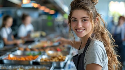 cafeteria staff serving meals to students, emphasizing the value of school lunch programs visual concept banner for school lunch