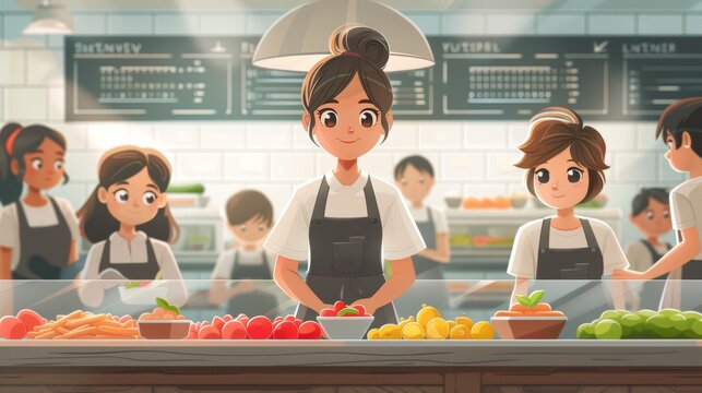 school cafeteria lunch lady emphasizes the significance of school lunch programs while serving hot meals to students, promoting the concept of school lunches