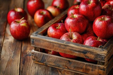 Red apples in a crate on rustic wood table.