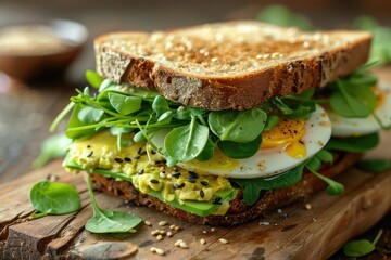 Sandwich with avocado egg spinach microgreens and sesame