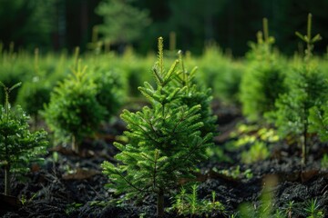 Spruce trees nursery or plantation, growing a young forest.