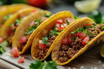 Mexican tacos with ground beef, tomatoes, and cilantro