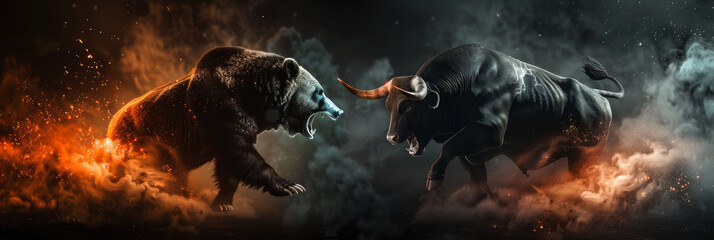 Black angry raging bull and a confident and strong roaring bear running away in the opposite directions on a dark background with smoke and cinematic lighting.