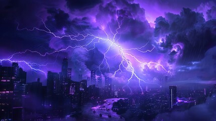 A lightning thunderstorm flash illuminating the night sky, depicting weather phenomena and cataclysms such as hurricanes, typhoons, tornadoes, and storms. 