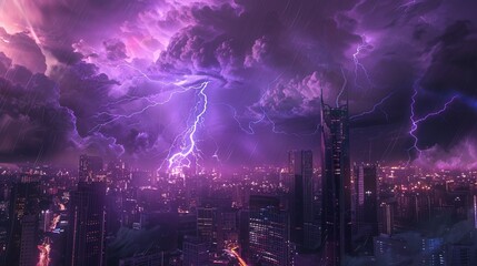 Fototapeta premium A lightning thunderstorm flash illuminating the night sky, depicting weather phenomena and cataclysms such as hurricanes, typhoons, tornadoes, and storms. 