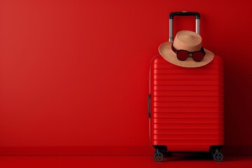 Obraz premium Red Suitcase and Straw Hat Against a Red Wall