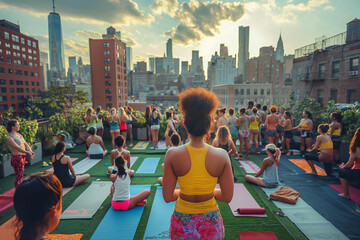 Rooftop yoga class at sunset. People practicing yoga in a vibrant urban rooftop setting, promoting wellness and community. Ideal for health, lifestyle, and urban living visuals.