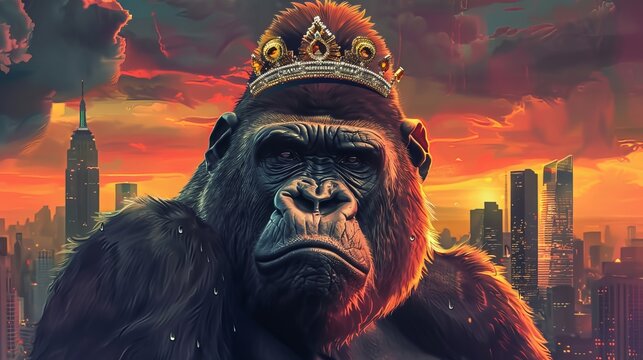 A depiction of King Kong, the gorilla, adorned with a crown, exuding a cool and regal presence.