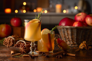 Mulled cider with apples, cinnamon, rosemary, and anise on a background of burning candles.