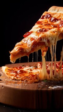 A slice of pizza with melted cheese on a wooden board. The pizza is cut in half and has a lot of cheese on it