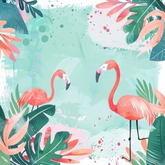 Fototapeta premium Pink flamingos with tropical leaves in watercolor.