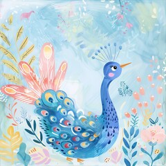 A cute cartoon style illustration of a peacock with bright feathers.