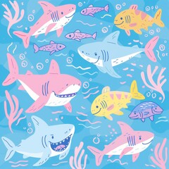 Obraz premium The image is a cartoon illustration of a group of sharks and fish