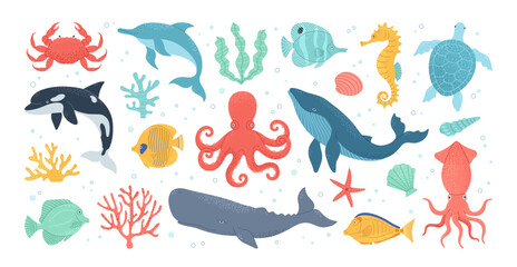 Set of hand drawn marine life. Fish and wild sea animals. Octopus, crab, seahorse, whale, dolphin, killer whale, turtle, squid, cachalot.  Algae and seashells. Vector cute flat cartoon illustration.