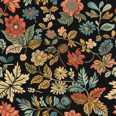 An intricately detailed dark floral pattern with colorful leaves and flowers, capturing the essence of traditional woodblock print artistry