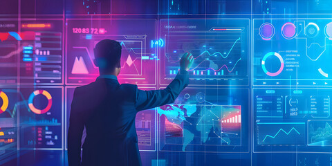 Businessmen touch automated data management systems to create reports with KPIs and indicators connected to the database. Data analysis with intelligent AI robot technology in business analysis design