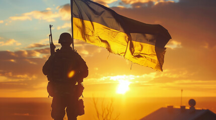 Silhouette of soldier with Ukraine flag against the sunset or sunrise. Armed forces of Ukraine. UA army soldier and UA flag. Greeting card for Independence and Victory Day of Ukraine. Generative AI.
