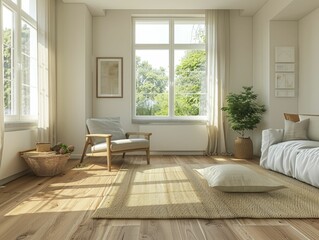 Fototapeta premium Adopting minimalist living for a clutter-free life, minimalist living room with simple decor, clean lines and natural light, spacious and serene.