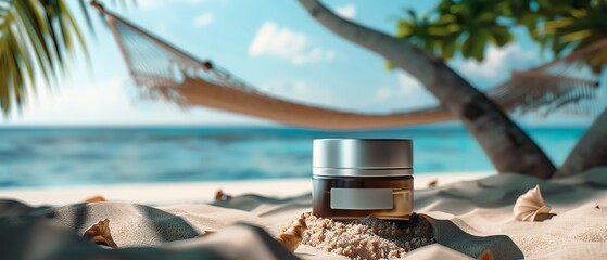Obraz premium Cream jar on beach with hammock and palm trees