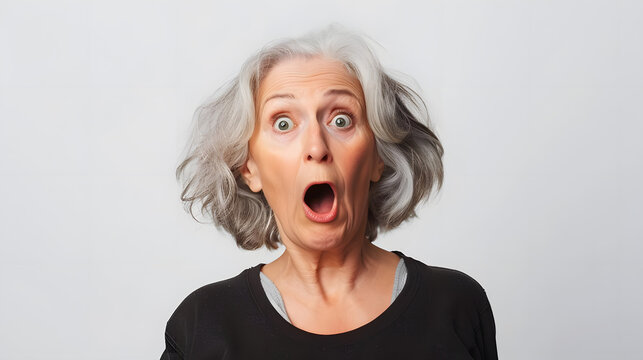 middle aged woman with a surprised and shocked expression on white backdrop. generative ai