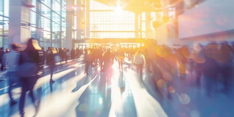 Obraz premium Light-filled exhibition hall with blurred attendees at a convention