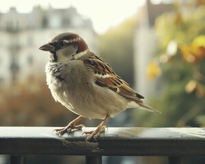 Discovering the charm of urban wildlife, close-up of bird on city balcony, natural light highlighting the moment, blending urban life with nature