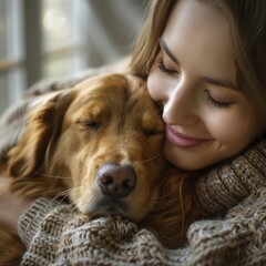 Ensuring pet wellness with holistic care approaches, pet owner caring for a happy pet in a cozy home, warm and loving environment, natural light