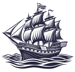 Naklejka premium Stylized traditional frigate with full sails on ocean, marine ship in linocut style, capturing the timeless allure of nautical exploration and adventure on the high seas