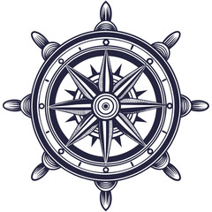 Detailed linocut vintage nautical ship steering wheel or helm, representing marine navigation and spirit of sea for oceanic and maritime designs