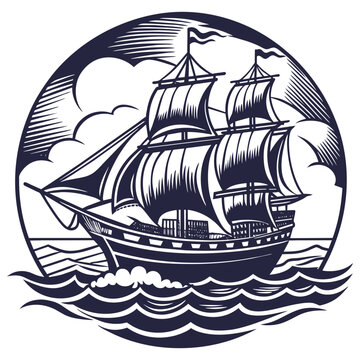 recommend clip art: Classic frigate depicted in detailed linocut style. Ship symbolizing adventure and nautical heritage as it sails through the ocean waves for marine designs