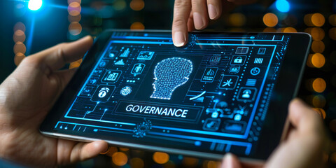 Expert Showcasing AI Governance Framework with Ethical Standards and Regulatory Icons on a Digital Tablet Interface