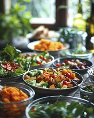 Fototapeta premium Savoring the flavors of plant-based cuisine, vibrant close-up of colorful vegan meal on rustic table, natural lighting enhancing freshness, irresistible and mouthwatering.